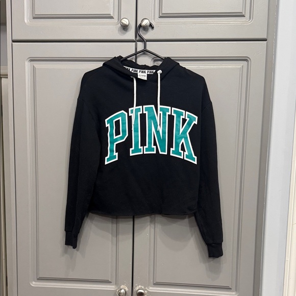 PINK Victoria's Secret Sweaters - PINK Victoria's Secret Black and Teal crop Hoodie